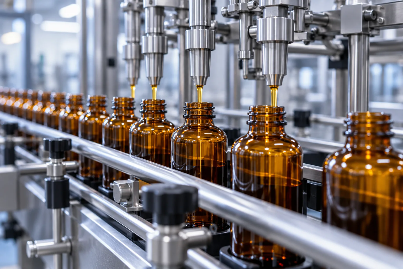 Illustrative stainless steel filling line with unbranded amber bottles